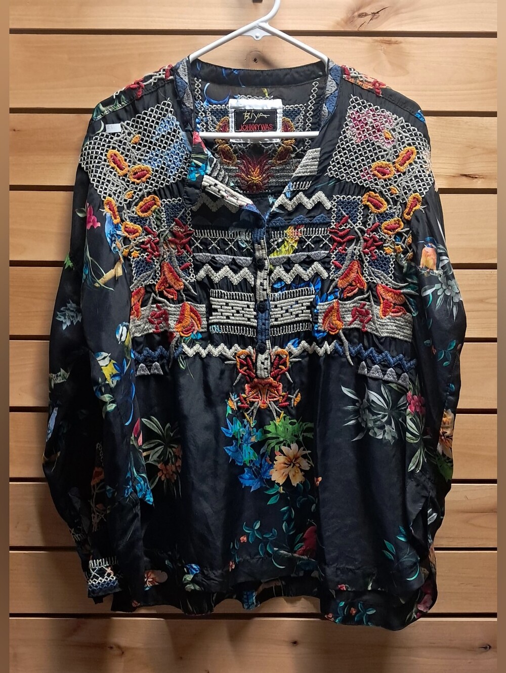 Biya Johnny Was Veda Embroidered Silk Blouse Top Black Boho Floral Bird L